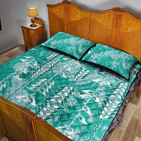Teal Hawaii Tapa Pattern Quilt Bed Set With Heliconia Vintage Style