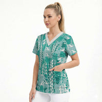 Teal Hawaii Tapa Pattern Scrub Top With Heliconia Vintage Style