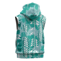 Teal Hawaii Tapa Pattern Sleeveless Zip Hoodie With Heliconia Vintage Style
