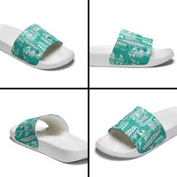 Teal Hawaii Tapa Pattern Slide Sandals With Heliconia Vintage Style