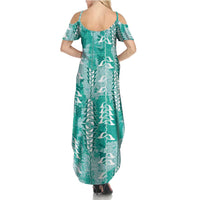 Teal Hawaii Tapa Pattern Summer Maxi Dress With Heliconia Vintage Style