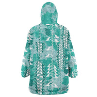Teal Hawaii Tapa Pattern Wearable Blanket Hoodie With Heliconia Vintage Style