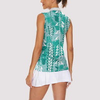Teal Hawaii Tapa Pattern Women Sleeveless Polo Shirt With Heliconia Vintage Style