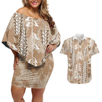 Beige Hawaii Tapa Pattern Couples Matching Off Shoulder Short Dress and Hawaiian Shirt With Heliconia Vintage Style