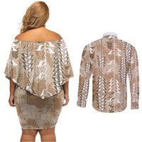Beige Hawaii Tapa Pattern Couples Matching Off Shoulder Short Dress and Long Sleeve Button Shirt With Heliconia Vintage Style