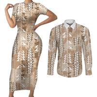 Beige Hawaii Tapa Pattern Couples Matching Short Sleeve Bodycon Dress and Long Sleeve Button Shirt With Heliconia Vintage Style
