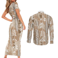 Beige Hawaii Tapa Pattern Couples Matching Short Sleeve Bodycon Dress and Long Sleeve Button Shirt With Heliconia Vintage Style