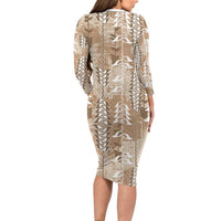 Beige Hawaii Tapa Pattern Family Matching Long Sleeve Bodycon Dress and Hawaiian Shirt With Heliconia Vintage Style LT05 - Polynesian Pride