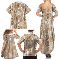 Beige Hawaii Tapa Pattern Family Matching Summer Maxi Dress and Hawaiian Shirt With Heliconia Vintage Style