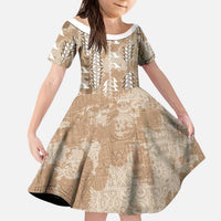 Beige Hawaii Tapa Pattern Kid Short Sleeve Dress With Heliconia Vintage Style