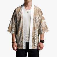 Beige Hawaii Tapa Pattern Kimono With Heliconia Vintage Style