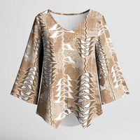 Beige Hawaii Tapa Pattern Kimono Sleeve Blouse With Heliconia Vintage Style