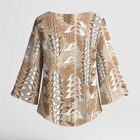 Beige Hawaii Tapa Pattern Kimono Sleeve Blouse With Heliconia Vintage Style
