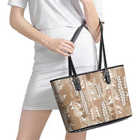 Beige Hawaii Tapa Pattern Leather Tote Bag With Heliconia Vintage Style