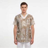 Beige Hawaii Tapa Pattern Scrub Top With Heliconia Vintage Style