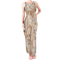 Beige Hawaii Tapa Pattern Tank Maxi Dress With Heliconia Vintage Style