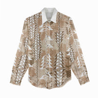 Beige Hawaii Tapa Pattern Women Casual Shirt With Heliconia Vintage Style