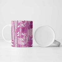 Magenta Hawaii Tapa Pattern Ceramic Mug With Heliconia Vintage Style