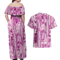 Magenta Hawaii Tapa Pattern Couples Matching Off Shoulder Maxi Dress and Hawaiian Shirt With Heliconia Vintage Style