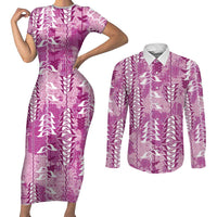 Magenta Hawaii Tapa Pattern Couples Matching Short Sleeve Bodycon Dress and Long Sleeve Button Shirt With Heliconia Vintage Style