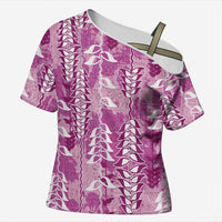 Magenta Hawaii Tapa Pattern Cross Shoulder Shirt With Heliconia Vintage Style