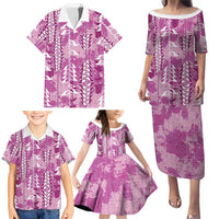 Magenta Hawaii Tapa Pattern Family Matching Puletasi and Hawaiian Shirt With Heliconia Vintage Style