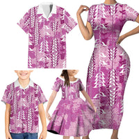 Magenta Hawaii Tapa Pattern Family Matching Short Sleeve Bodycon Dress and Hawaiian Shirt With Heliconia Vintage Style LT05 - Polynesian Pride