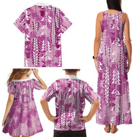 Magenta Hawaii Tapa Pattern Family Matching Tank Maxi Dress and Hawaiian Shirt With Heliconia Vintage Style LT05 - Polynesian Pride
