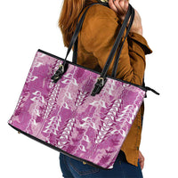 Magenta Hawaii Tapa Pattern Leather Tote Bag With Heliconia Vintage Style