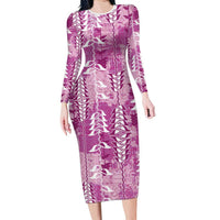 Magenta Hawaii Tapa Pattern Long Sleeve Bodycon Dress With Heliconia Vintage Style