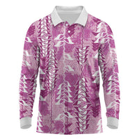 Magenta Hawaii Tapa Pattern Long Sleeve Polo Shirt With Heliconia Vintage Style