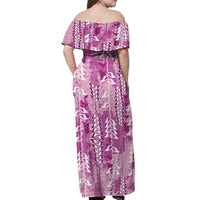 Magenta Hawaii Tapa Pattern Off Shoulder Maxi Dress With Heliconia Vintage Style