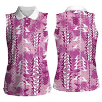 Magenta Hawaii Tapa Pattern Women Sleeveless Polo Shirt With Heliconia Vintage Style
