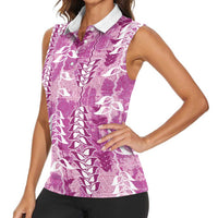 Magenta Hawaii Tapa Pattern Women Sleeveless Polo Shirt With Heliconia Vintage Style