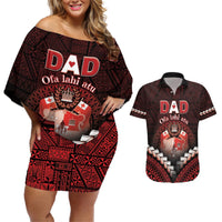 Personalised Tonga Happy Father's Day Couples Matching Off Shoulder Short Dress and Hawaiian Shirt Ofa Lahi Atu Dad Polynesian Tribal LT05 Red - Polynesian Pride