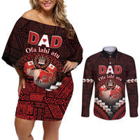 Personalised Tonga Happy Father's Day Couples Matching Off Shoulder Short Dress and Long Sleeve Button Shirt Ofa Lahi Atu Dad Polynesian Tribal LT05 Red - Polynesian Pride
