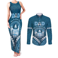 Personalised Fiji Happy Father's Day Couples Matching Tank Maxi Dress and Long Sleeve Button Shirt Au Lomani Iko Dad Polynesian Tribal LT05 Blue - Polynesian Pride