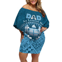 Personalised Fiji Happy Father's Day Off Shoulder Short Dress Au Lomani Iko Dad Polynesian Tribal LT05 Women Blue - Polynesian Pride