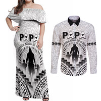 Personalised New Zealand Happy Father's Day Couples Matching Off Shoulder Maxi Dress and Long Sleeve Button Shirt Aroha Ahau Ki A Koe Papa Polynesian Tribal LT05 White - Polynesian Pride