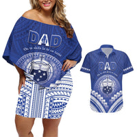 Personalised Samoa Happy Father's Day Couples Matching Off Shoulder Short Dress and Hawaiian Shirt Ou Te Alofa Ia Te Oe Tama Dad Polynesian Tribal LT05 Blue - Polynesian Pride