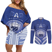 Personalised Samoa Happy Father's Day Couples Matching Off Shoulder Short Dress and Long Sleeve Button Shirt Ou Te Alofa Ia Te Oe Tama Dad Polynesian Tribal LT05 Blue - Polynesian Pride