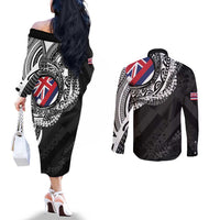 Hawaii Flag Day Couples Matching Off The Shoulder Long Sleeve Dress and Long Sleeve Button Shirt Hawaiian Maile Lei