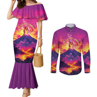 Hawaii Kilauea Volcano Couples Matching Mermaid Dress and Long Sleeve Button Shirt There Is Pele Goddess Of The Volcano LT05 Purple - Polynesian Pride