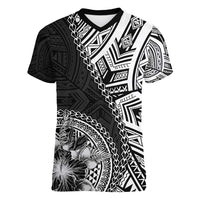 Hibiscus With Black Austronesian Tattoo Pattern Women V-Neck T-Shirt - Polynesian Pride