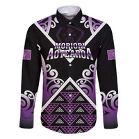 Personalised Aotearoa Moriori Family Matching Off Shoulder Maxi Dress and Hawaiian Shirt Maori Pattern New Zealand LT05 Dad's Shirt - Long Sleeve Purple - Polynesian Pride