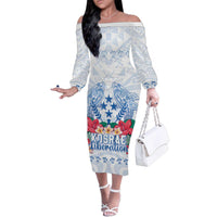 Happy Kosrae Liberation Day Family Matching Off The Shoulder Long Sleeve Dress and Hawaiian Shirt Polynesian Shark Turtle Motif LT05 Mom's Dress White - Polynesian Pride