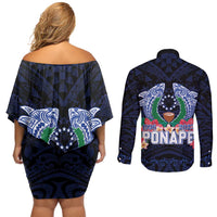 Happy Pohnpei Liberation Day Couples Matching Off Shoulder Short Dress and Long Sleeve Button Shirt Polynesian Shark Turtle Motif