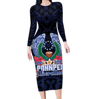 Happy Pohnpei Liberation Day Family Matching Long Sleeve Bodycon Dress and Hawaiian Shirt Polynesian Shark Turtle Motif LT05 Mom's Dress Blue - Polynesian Pride