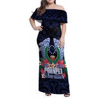 Happy Pohnpei Liberation Day Family Matching Off Shoulder Maxi Dress and Hawaiian Shirt Polynesian Shark Turtle Motif LT05 Mom's Dress Blue - Polynesian Pride