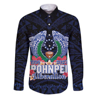 Happy Pohnpei Liberation Day Family Matching Off Shoulder Short Dress and Hawaiian Shirt Polynesian Shark Turtle Motif LT05 Dad's Shirt - Long Sleeve Blue - Polynesian Pride